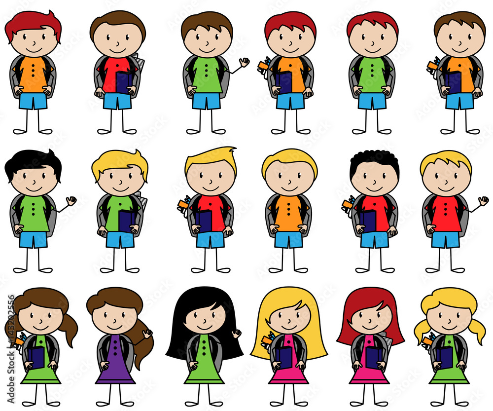 Collection of Cute Stick Figure Students in Vector Format