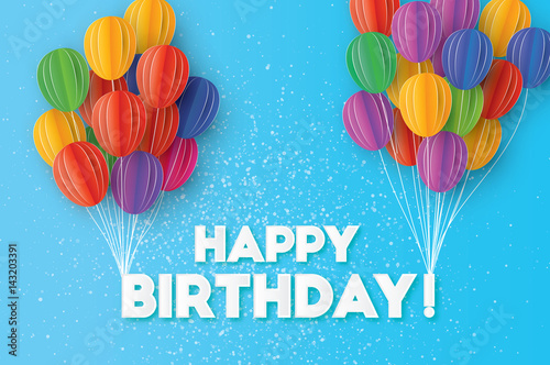 Flying Paper cut balloons. Colorful Happy Birthday Greeting card