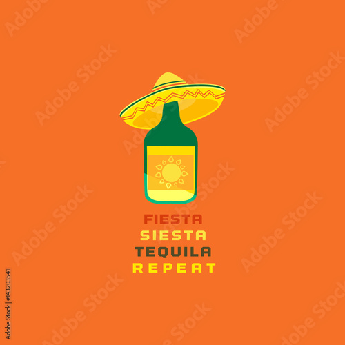 Mexican poster concept. Freehand drawn fancy cartoon style. Fiesta Siesta in Spanish festival rest. Bottle of tequila in sombrero. Traditional symbol of Mexico. Vector sign element banner background