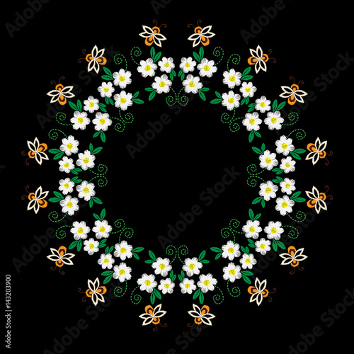 Bee and flower with leaf frames embroidery stitches imitation on the black background
