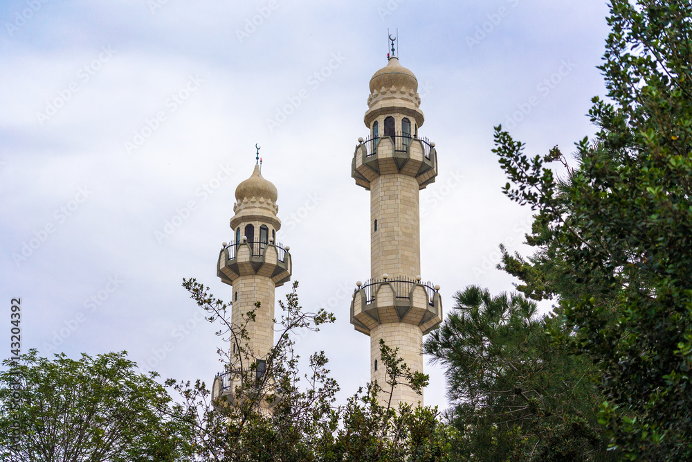 Fototapeta premium Haifa, the district - Kababir. Minarets of the mosque Mirza Basheer-ud-Din Mahmood Ahmad