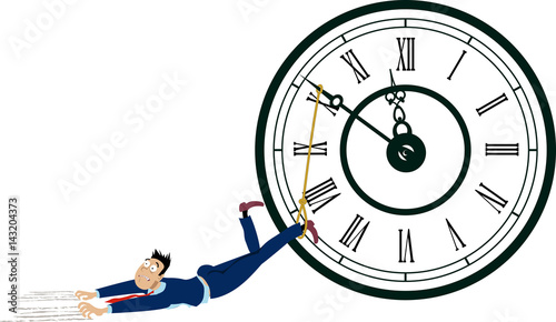 Man is dragged by his feet tide to a clock arm, EPS 8 vector illustration