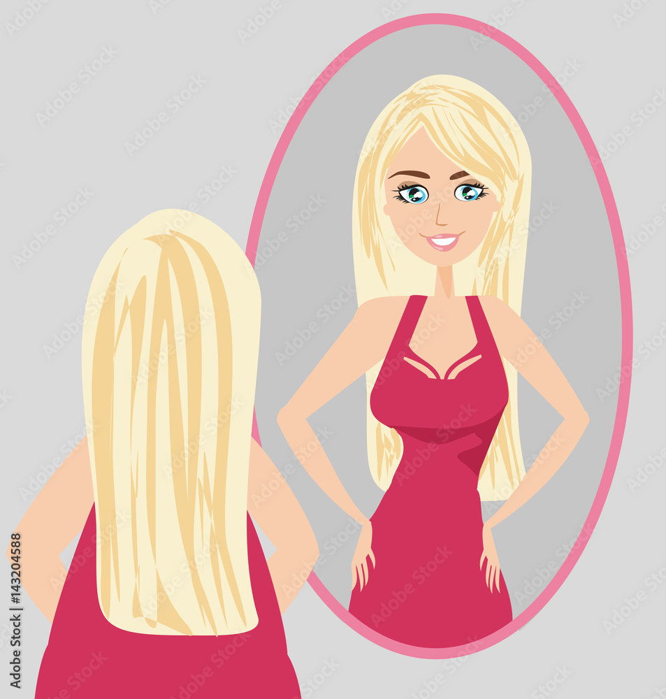 Full lady enjoys her slim reflection Full lady enjoys her slim reflection