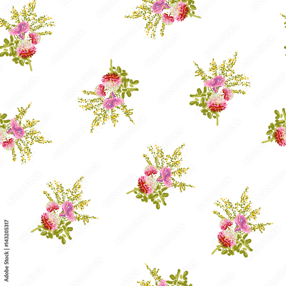 Floral seamless pattern. Pink clover and wild flowers.Red rose flowers and twigs with leaves on a white background