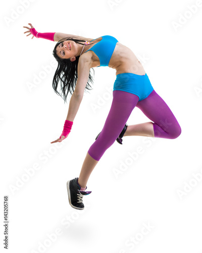 fitness woman doing exercises, isolated on white background in full length.