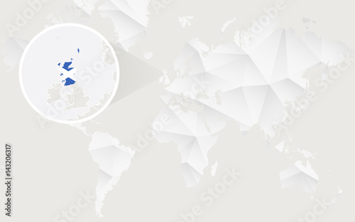 Scotland map with flag in contour on white polygonal World Map.