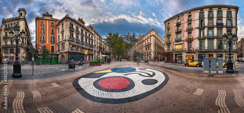 Panorama of La Rambla Street with Joan Miro Mosaic on the Floor, Barcelona, Catalonia, Spain