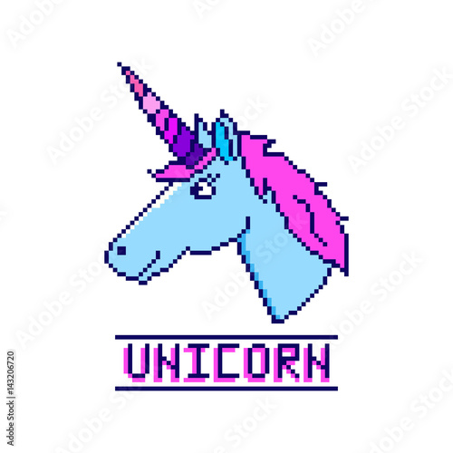 Unicorn head with inscription in the eight bit style on a white background. It can be used for sticker, badge, card, patch, phone case, poster, t-shirt, mug etc.