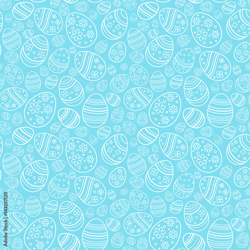 Fototapeta premium Vector seamless gentle pattern with decorative eggs. Easter holiday blue background for website, printing on fabric, gift wrap and wallpapers.