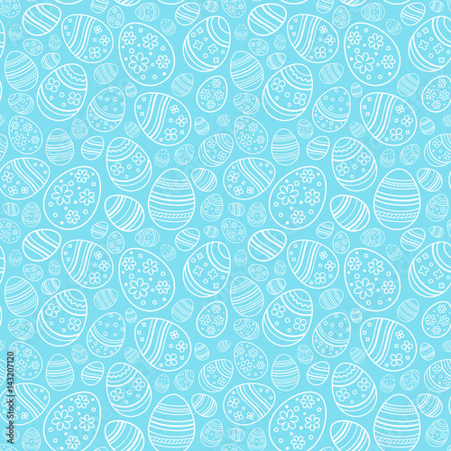 Vector seamless gentle pattern with decorative eggs. Easter holiday blue background for website, printing on fabric, gift wrap and wallpapers.