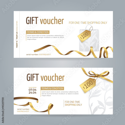 Vector set of modern gift vouchers with paper shopping bag, golden ribbons, small bow and tags. Layout for design gift card, coupon and certificate. Isolated from the background.