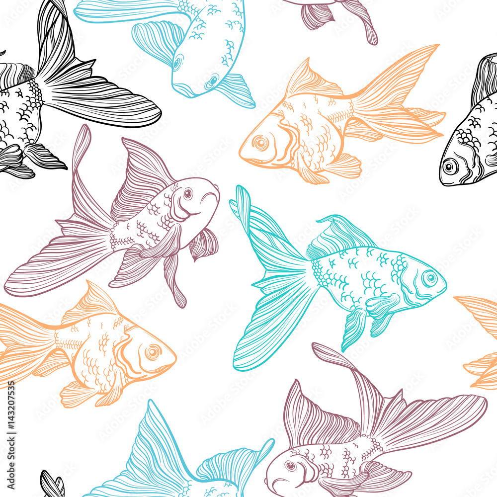 Vector seamless pattern with image of a fishes. Goldfish and perch. Linear fish for coloring books. Vector seamless pattern with image of a fishes. Goldfish and perch. Linear fish for coloring books.