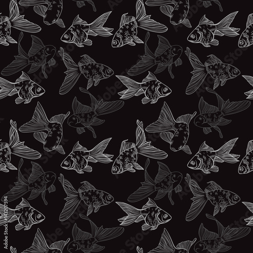 Vector seamless pattern with image of a fishes. Goldfish and perch. Linear fish for coloring books.