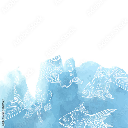 Vector card with image of a fishes. Goldfish and perch. Watercolor background.