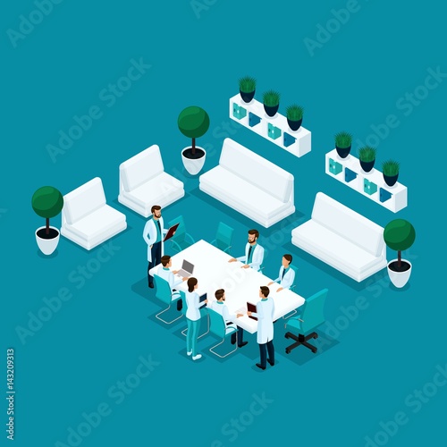 Trendy people isometric, doctor's office, staff, hospital staff, surgeons and doctors consultation are isolated on a blue background
