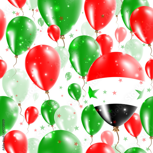 Syria Independence Day Seamless Pattern. Flying Rubber Balloons in Colors of the Syrian Flag. Happy Syria Day Patriotic Card with Balloons, Stars and Sparkles.