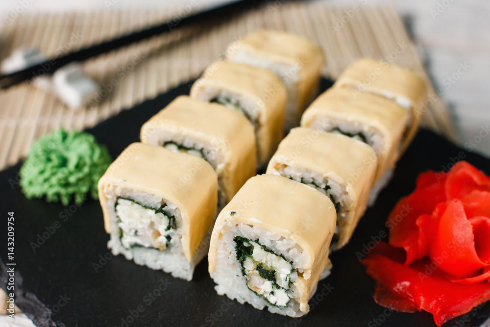 Sushi Roll Japanese Seafood Traditional Cuisine Gourmet Closeup Concept Sushi Roll Japanese Seafood Traditional Cuisine Gourmet Closeup Concept