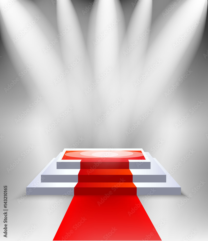 Fototapeta premium Podium scene with red carpet and light, three square stage. Realistic vector pedestal 