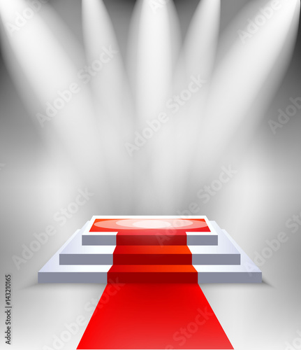  Podium scene with red carpet and light, three square stage. Realistic vector pedestal
