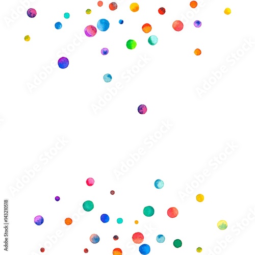 Sparse watercolor confetti on white background. Rainbow colored watercolor confetti abstract semicircle. Colorful hand painted illustration.