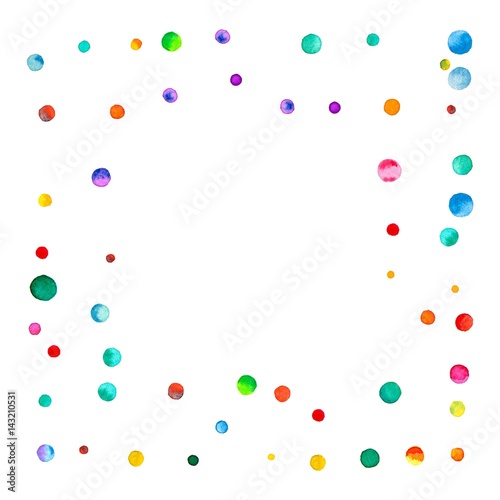 Sparse watercolor confetti on white background. Rainbow colored watercolor confetti square chaotic frame. Colorful hand painted illustration.