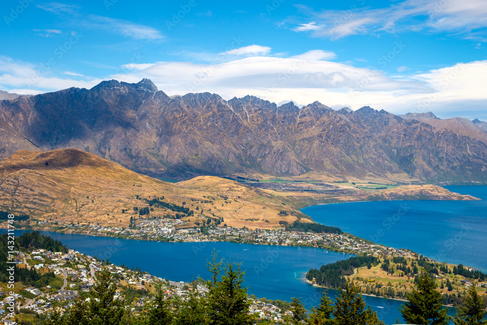 Scenic view of Queenstown and Remarkables mountain range, NZ