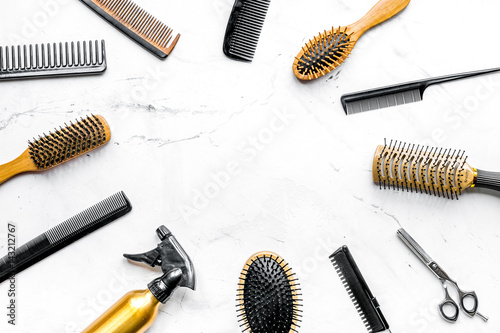 styling hair with tools in barbershop on white background top view mockup