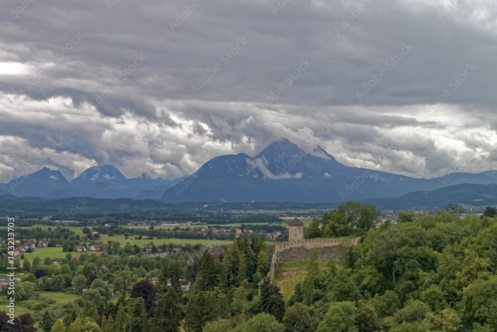 Salzburg, Austria - castle against the background of the panorama of the Alps