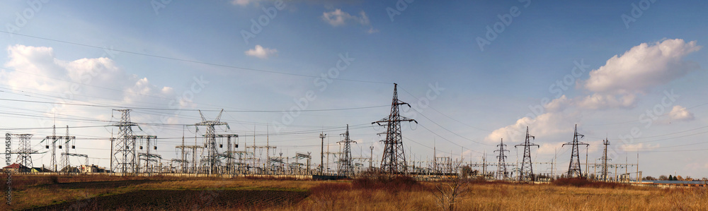 Panorama of high voltage substation. Distribution electrical power.