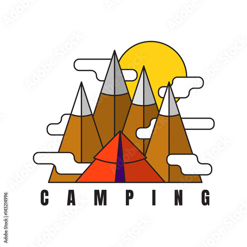 Camping in mountains. Vector logo in flat style. Tent and rocky mountains background. Sun with clouds and fog in sky. Illustration for printing on equipment and T-shirts