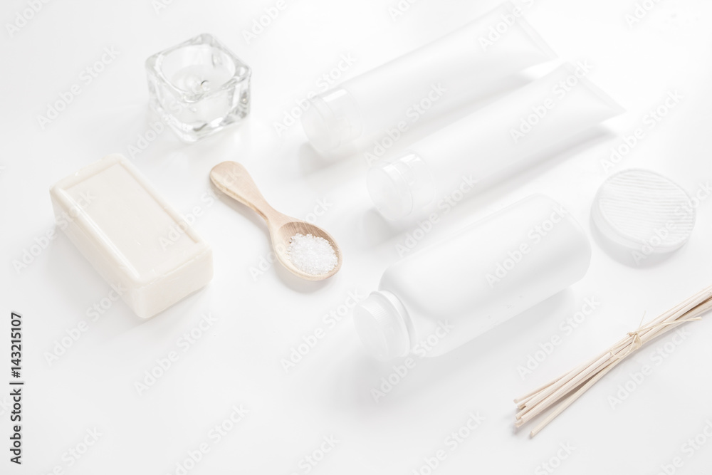 body care concept with white set of cosmetics woman desk top view body care concept with white set of cosmetics woman desk top view