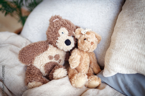 Nice and cute teddy bear on the bed