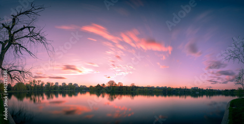 Long exposure with clouds in the spring in the Titan Park, Bucharest, Romania