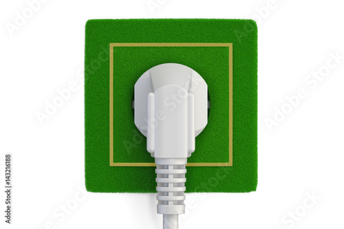 Grassy electric socket with plug, green energy concept. 3D rendering