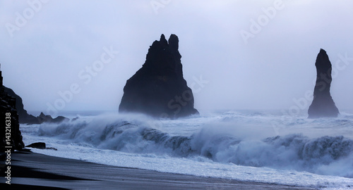 Vik i Myrdal sea stacks in the storm, Iceland