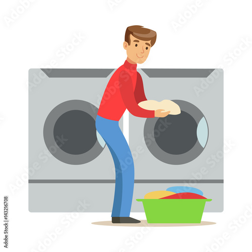 Guy Loading Dirty Laundry, Part Of People Using Automatic Self-Service Laundromat Washing Machines Of Vector Illustrations