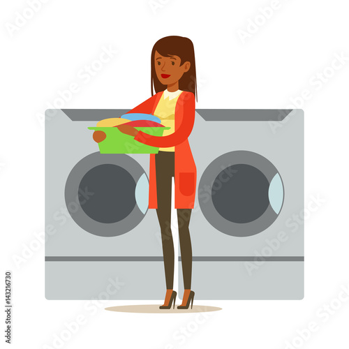 Girl Loading Dirty Laundry, Part Of People Using Automatic Self-Service Laundromat Washing Machines Of Vector Illustrations