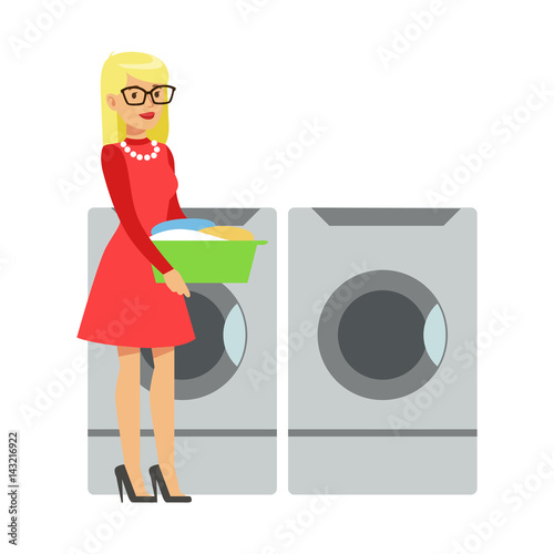 Woman Bringing Dirty Laundry In A Bucket, Part Of People Using Automatic Self-Service Laundromat Washing Machines Of Vector Illustrations