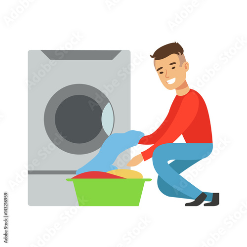 Man Taking Out Clean Laundry, Part Of People Using Automatic Self-Service Laundromat Washing Machines Of Vector Illustrations