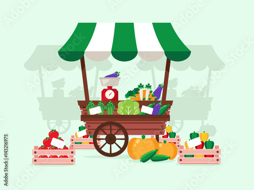 Local Market. Stand with Vegetables- Carrot, Tomato, Pepper, Pumpkin, Asparagus. Flat Design Style. 