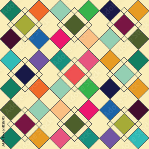 Harlequin geometric seamless patterns. Grey grid pattern with multicolored rhomboids. Vector background in retro abstract style