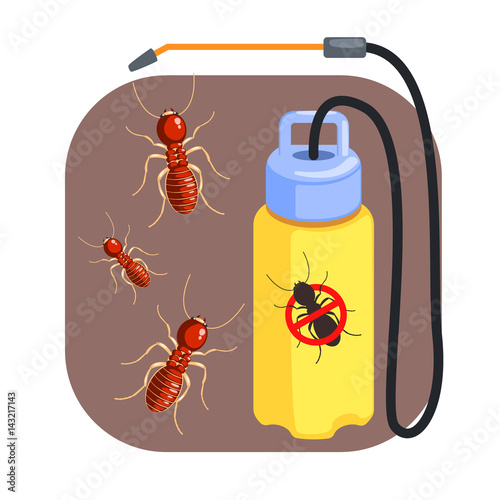 Pressure sprayer for extermination of termites and ants. Colorful cartoon illustration