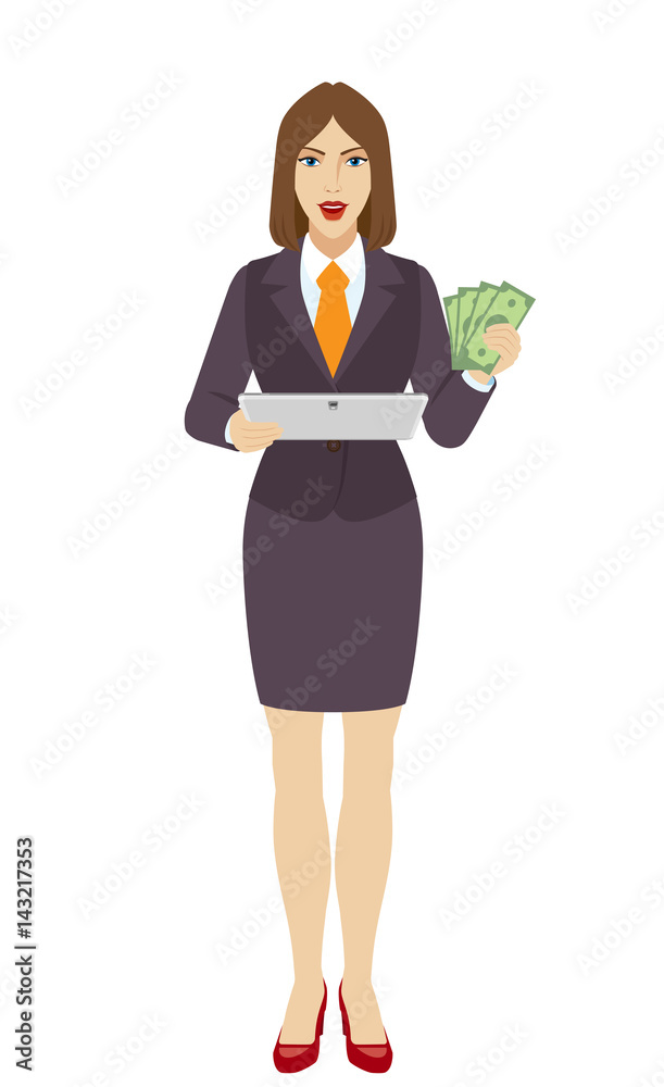 Businesswoman holding a digital tablet PC and showing cash money Businesswoman holding a digital tablet PC and showing cash money