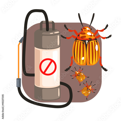 Pressure sprayer for extermination colorado potato beetles. Colorful cartoon illustration