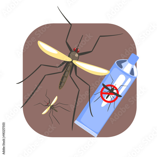 Mosquito insect and mosquito repellent spray blue can. Colorful cartoon illustration