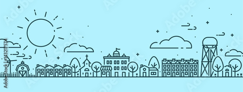 Small Town in Spring Scene - Outlined vectors with Blue background
