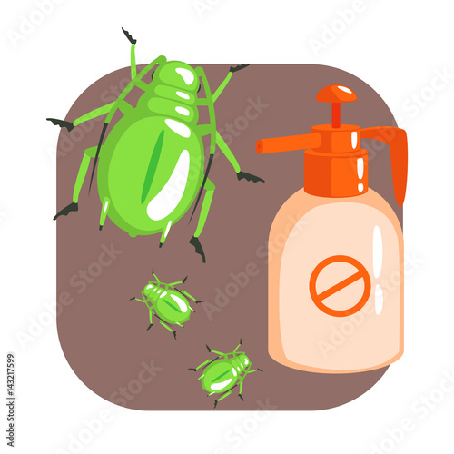 Orange sprayer bottle of green longhorn beetle insecticide. Colorful cartoon illustration