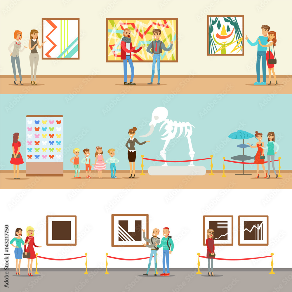 Museum Visitors Taking A Museum Tour With And Without A Guide Looking At Art And Science Exhibitions Set OF Illustrations Museum Visitors Taking A Museum Tour With And Without A Guide Looking At Art And Science Exhibitions Set OF Illustrations