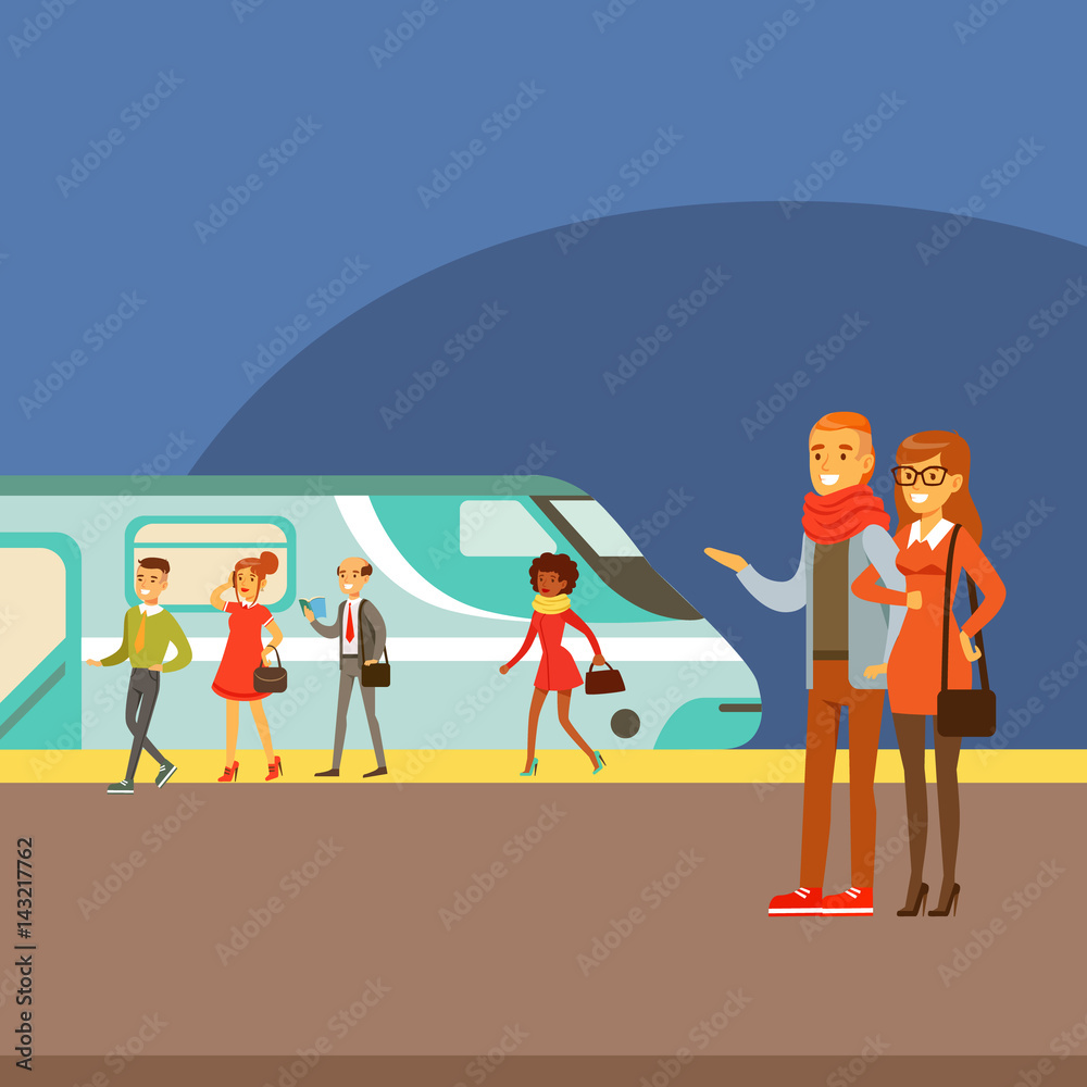 Couple Waiting For Train Arrival On Platform, Part Of People Taking  Different Transport Types Series Of Cartoon Scenes With Happy Travelers  Stock Vector | Adobe Stock