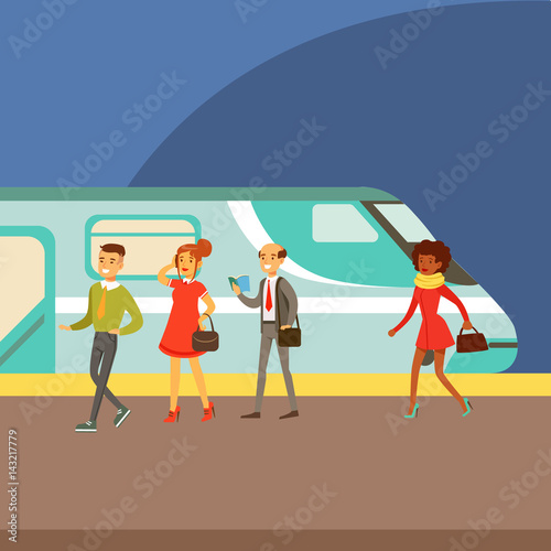 Passengers Boarding A Train At The Platform, Part Of People Taking Different Transport Types Series Of Cartoon Scenes With Happy Travelers © topvectors